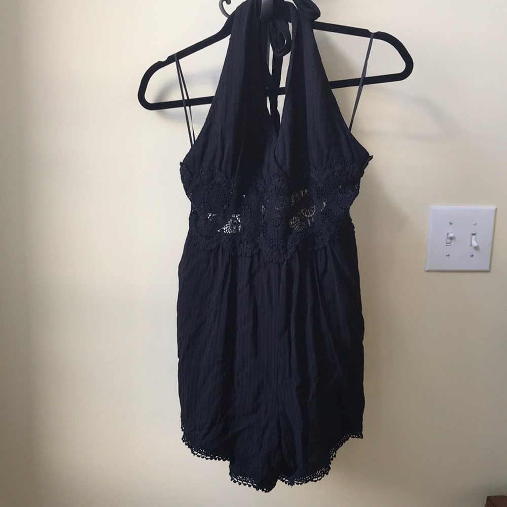 Black crochet open back romper Pacsun